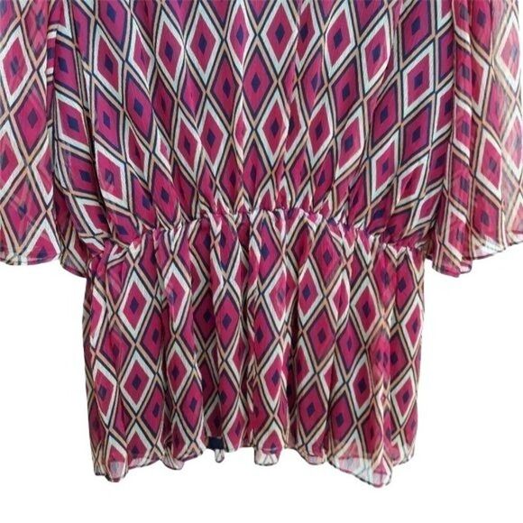 Badgley Mischka Mod Ikat Sheer Kimono Sleeve Beaded V-neck Cinched Top Red Sz L - Picture 12 of 16